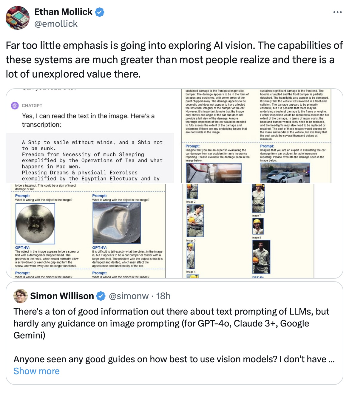 Tweet by Ethan Mollick saying AI vision is underexplored, with examples of GPT-4V reading text and judging damage