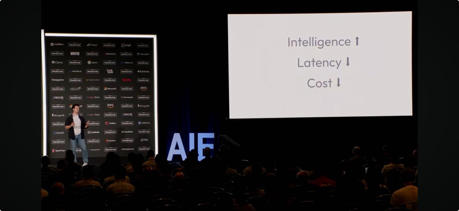 Anthropic talk at AI Engineer World's Fair with a slide reading intelligence up, latency down, cost down